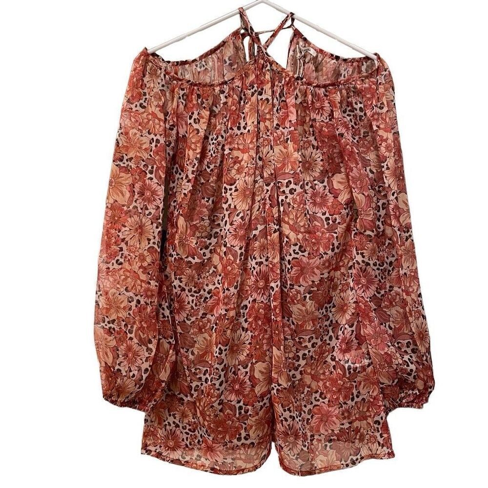 Tularosa Womens Hippie Boho Sheer Blouse S Blouson Sleeve Orange Floral Tie Neck